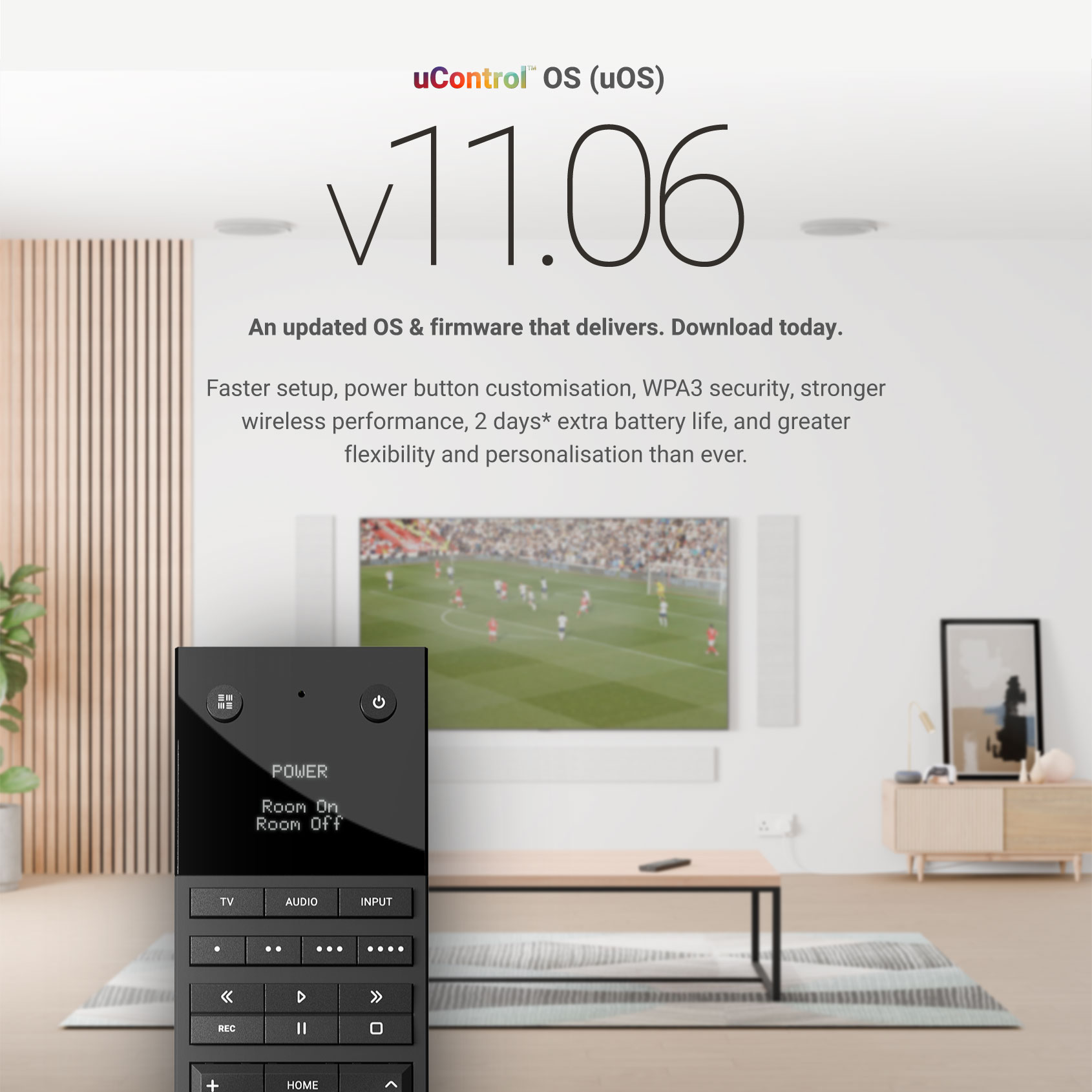 uControl Remote inside a living room with TV in the background